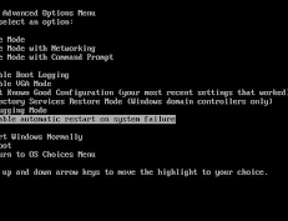 Экран смерти. Disable Automatic restart on System failure. При загрузке виндовс черный экран меню с вопросами. Switch Screen при запуске.